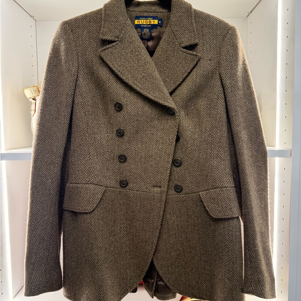 Pre Owned Ralph Lauren Sz 4 Brown Herringbone Double-Breasted Wool Blazer
